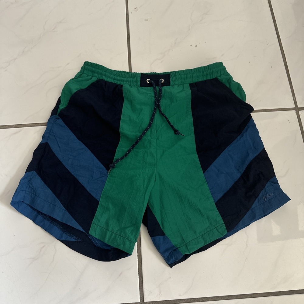 Vintage Gabicci Men's Beach Shorts Sz m Blue Black Collezione Drawstrings